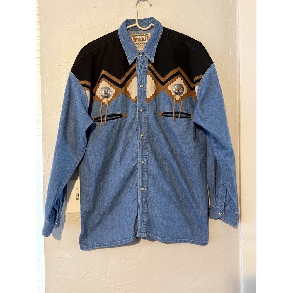 VTG 1990's River Gold Denim Western Shirt Pearl Snap Size Large